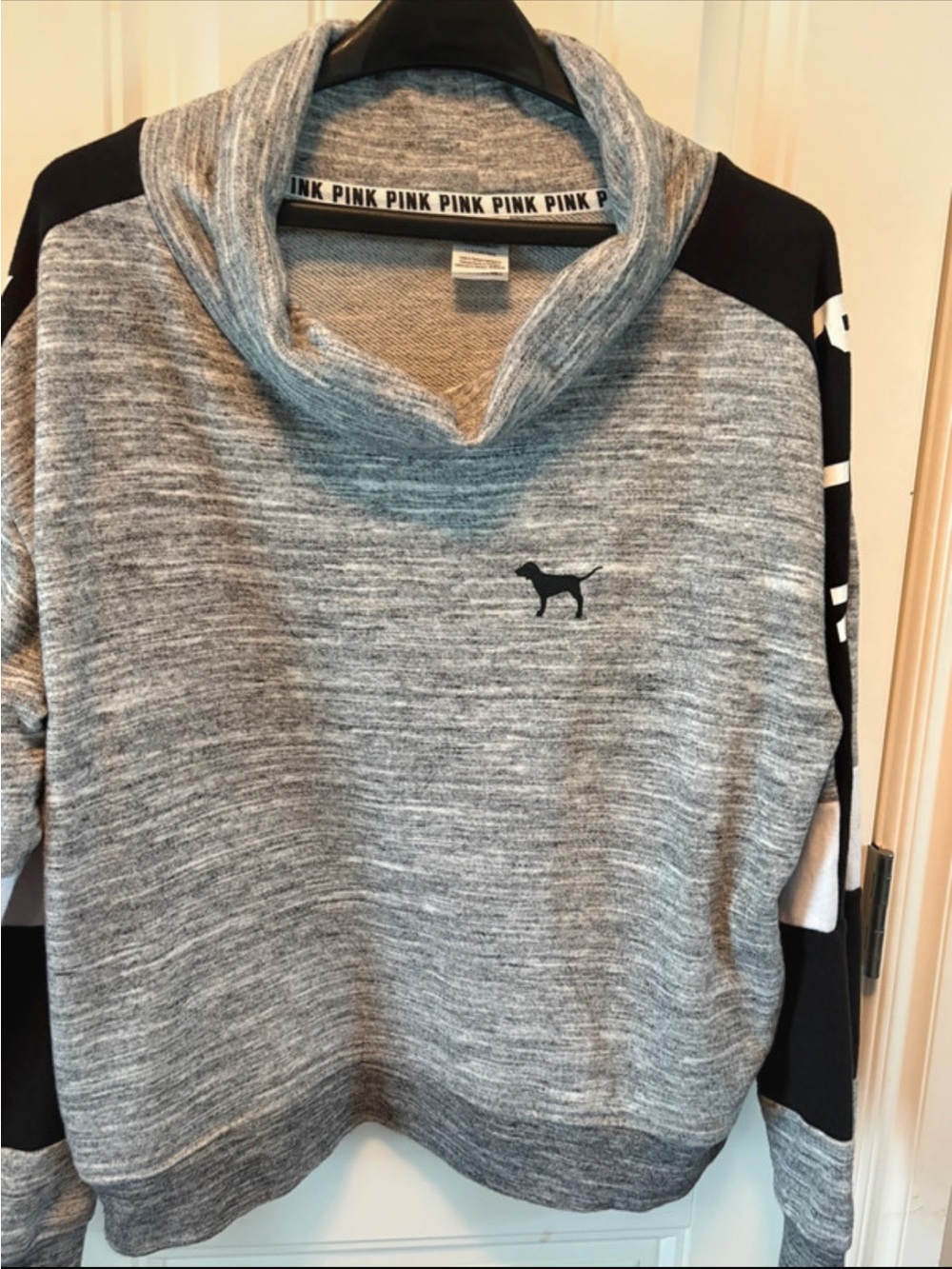 Victoria's Secret PINK Gray Marled Cowl Neck Sweater with Black Sleeve Panels